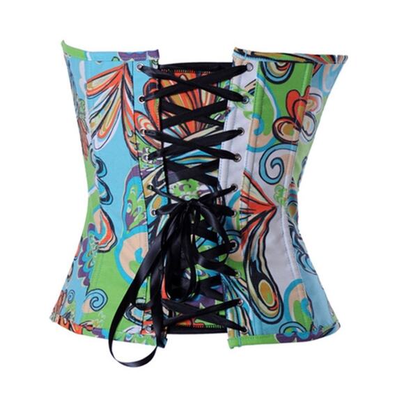 Alivila Retro Inspired Multicolor Printed Denim Lace Up Back Corset Bustier XL - Picture 6 of 11